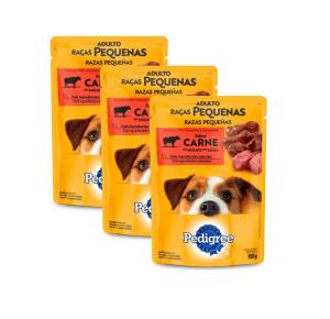 Kit 3 Ração Úmida Para Cachorro Pedigree   Adulto Raças Pequenas Carne Ao Molho Sachê 100g